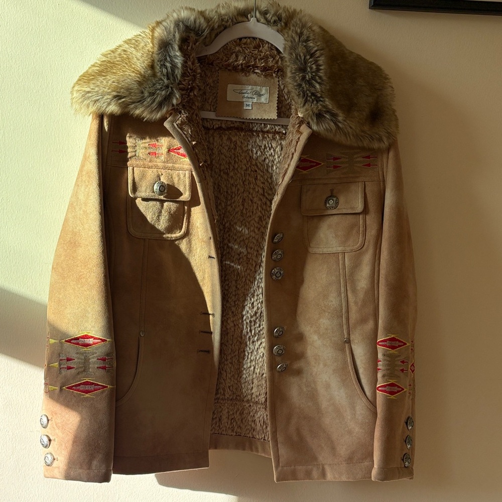 Tasha Polizzi Tan Jacket with Fur Collar